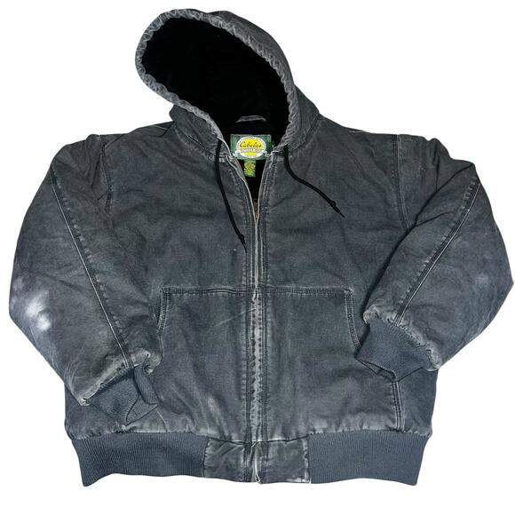 Vintage Cabelas Men faded black Insulated Canvas Chore Work Coat Hooded size  XL - Picture 1 of 10